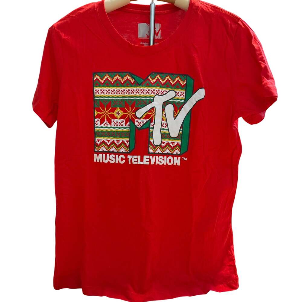 MTV Women's Red Holiday Graphic Short Sleeve T-Shirt - Size Large - NWT
